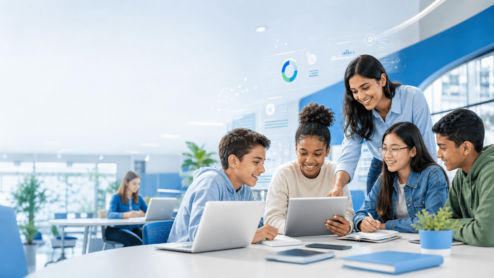 Estudiantes y docente usando un campus virtual en un entorno académico moderno